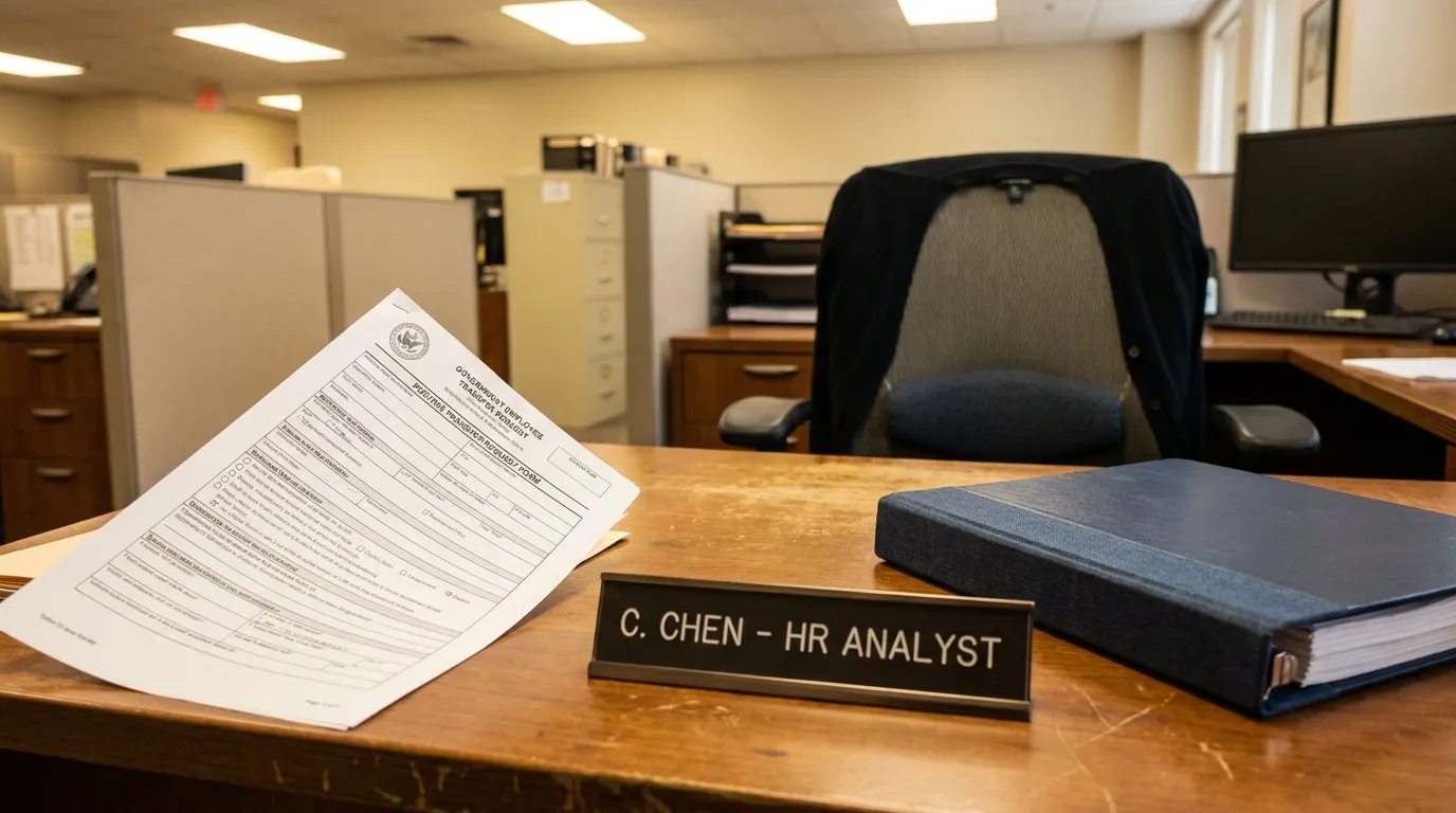 HR Analyst Desk With Pregnancy Position Transfer Request Form HR Analyst desk nameplate beside government employee transfer request form and binder