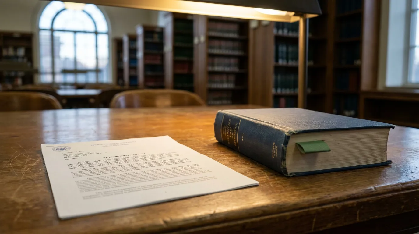 Securities law reference book and SEC enforcement letter on law library table
