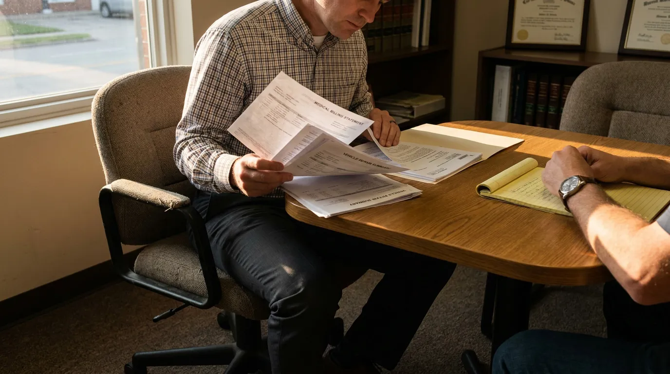 Nebraska Crash Victim Reviewing Medical Bills With Attorney client reviewing medical billing statement and vehicle repair summary documents in law office