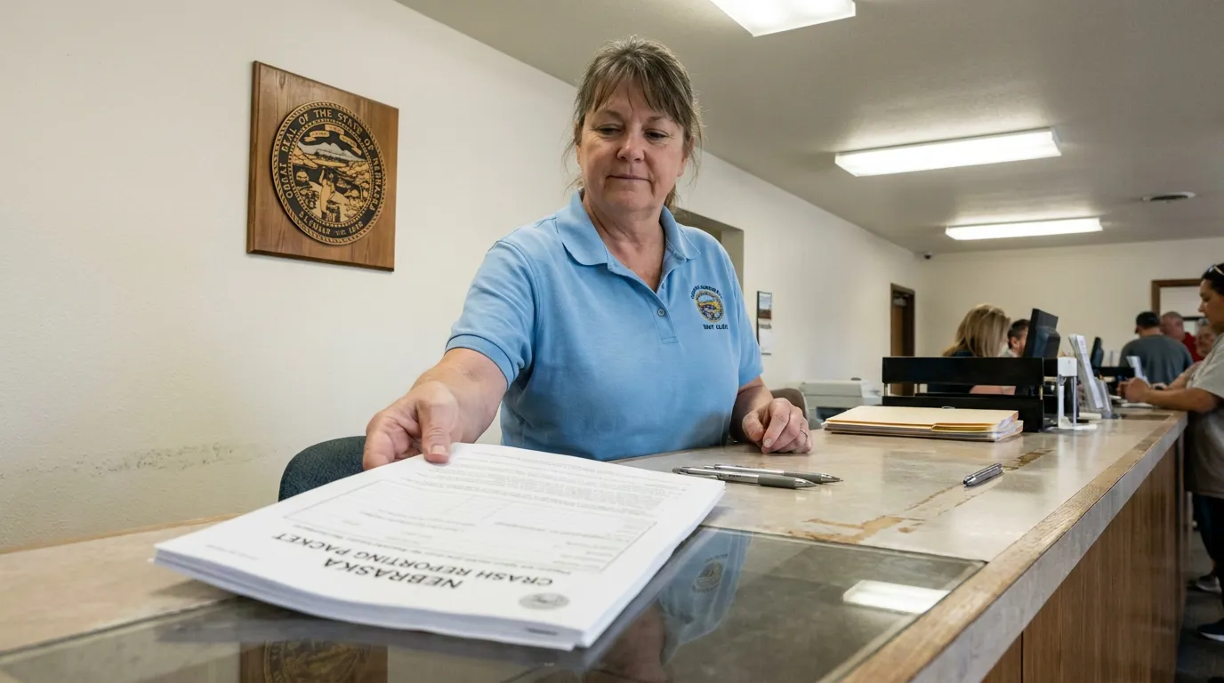 Nebraska Crash Reporting Packet at Government Office Counter county clerk handing Nebraska Crash Reporting Packet across government office counter