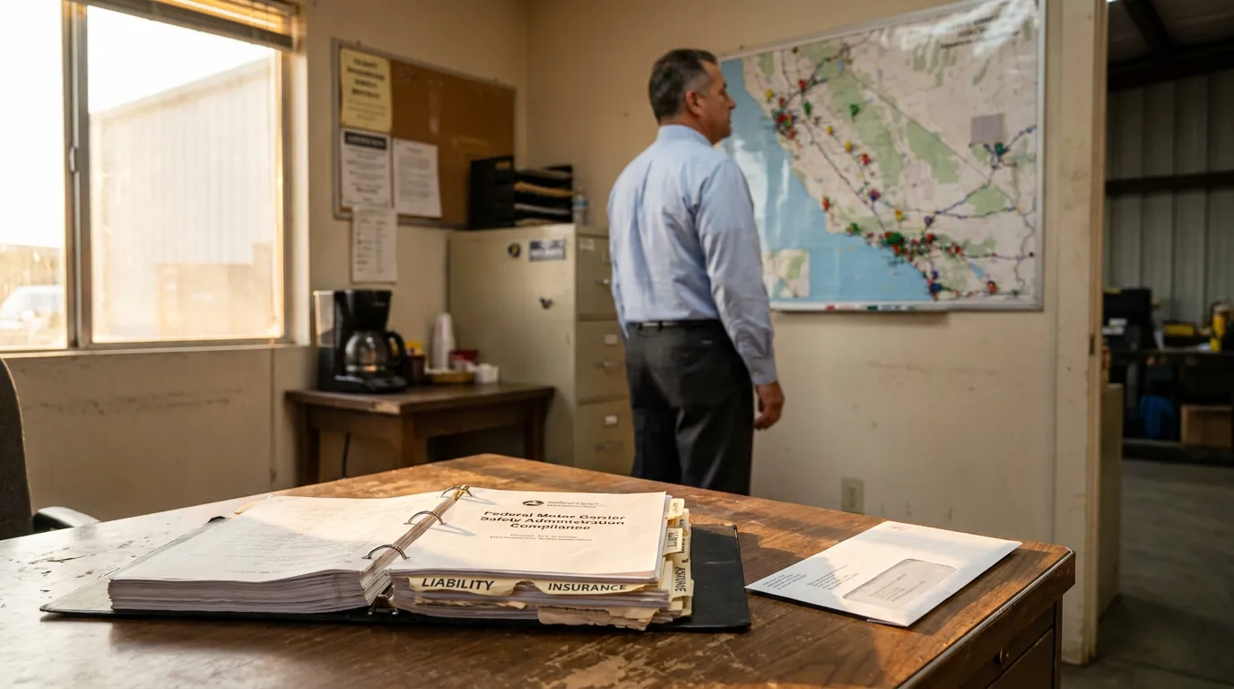 MCS-90 Endorsement FMCSA Liability Insurance Binder Fresno open binder labeled Liability Insurance and FMCSA Compliance on desk with man viewing pinned California map
