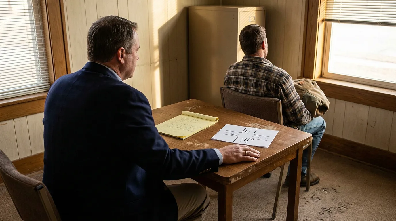 Nebraska Driver Discussing Sudden Emergency Defense With Attorney attorney in suit meeting with client at table with legal notepad and diagram