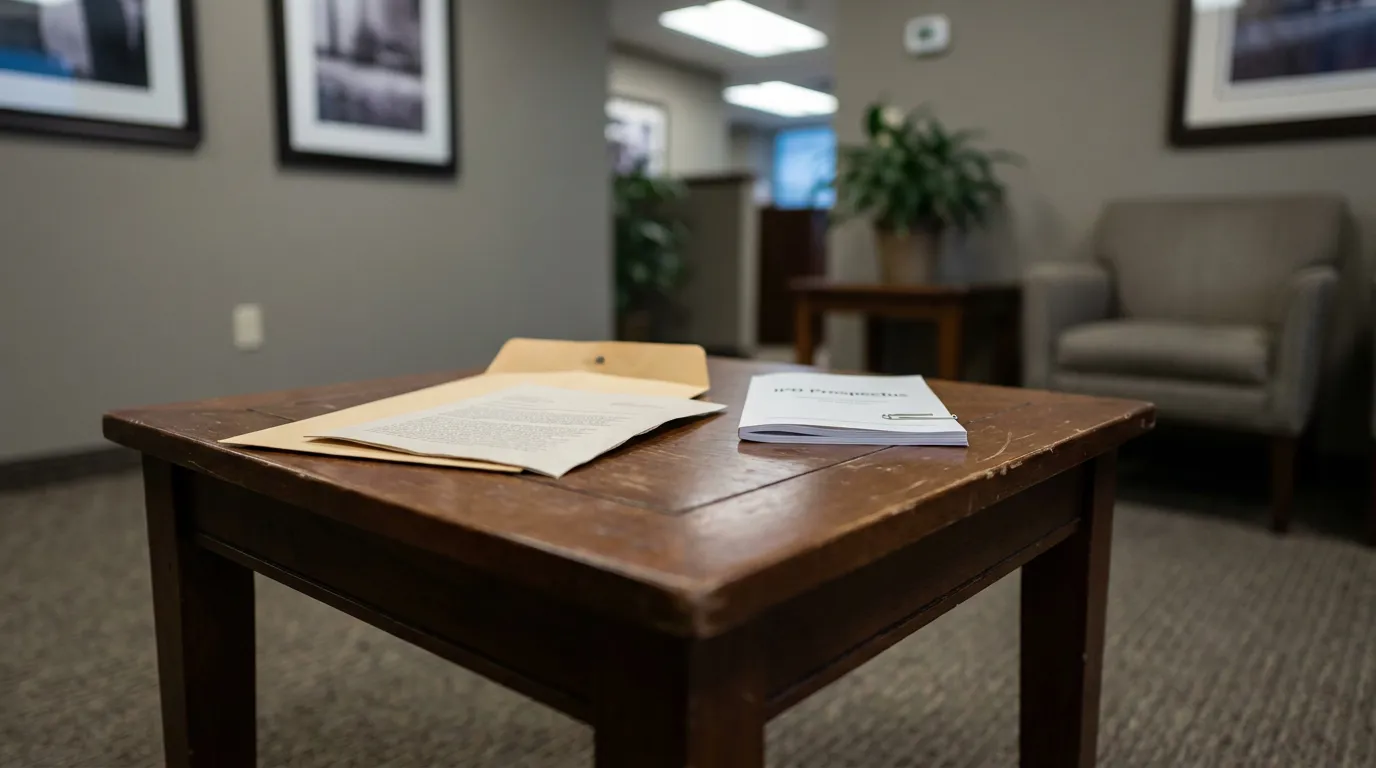 legal documents and envelope resting on wooden table in law office waiting area
