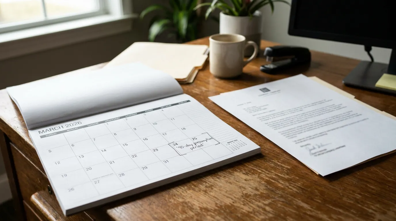 90-Day Retaliation Presumption Calendar Redondo Beach Attorney March 2026 calendar with 90-day presumption period noted beside legal document