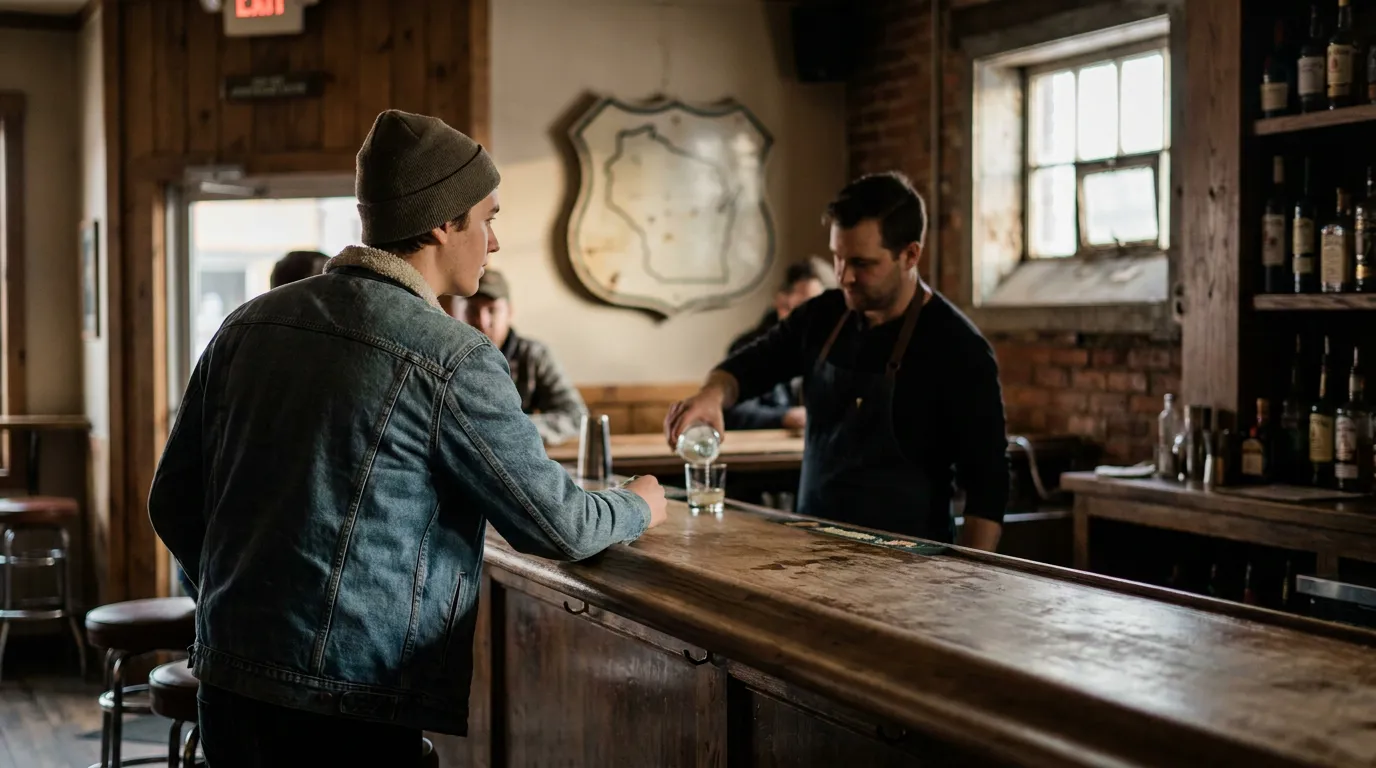 Bartender Serving Minor at Madison Wisconsin Tavern Bar bartender pouring drink for patron seated at rustic wooden bar counter