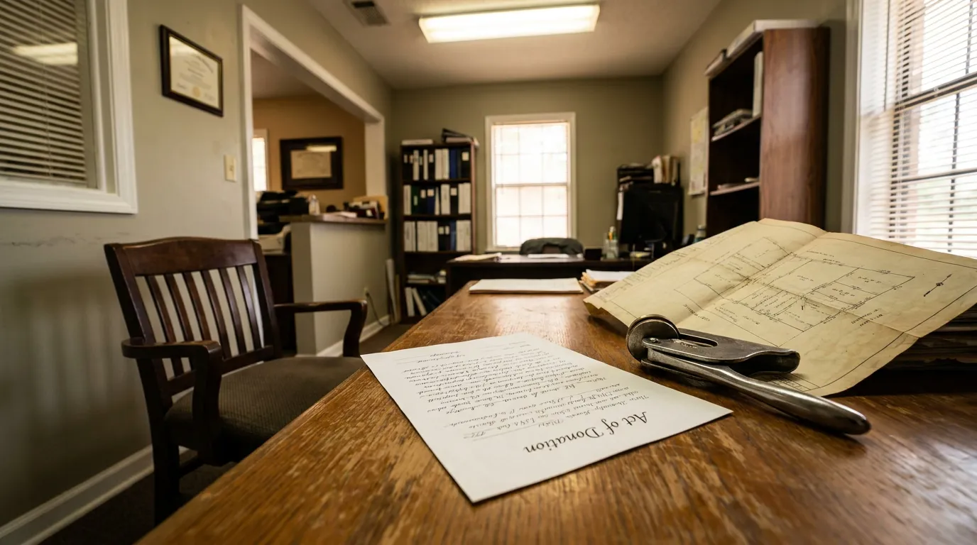 Act of Donation Document Houma Louisiana Real Estate Attorney Office Act of Donation legal document and property survey on law office desk