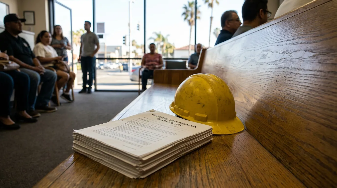 Redondo Beach Worker CFRA Retaliation Claim Documents and Hard Hat Workers' Compensation Claim Packet documents and hard hat on bench in waiting room