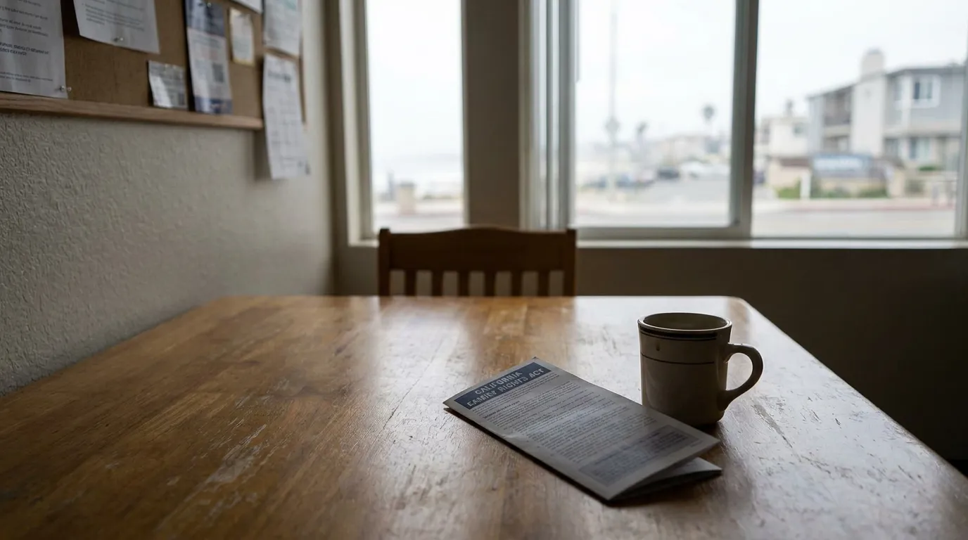 California Family Rights Act Document on Table Redondo Beach California Family Rights Act pamphlet and mug resting on wooden table