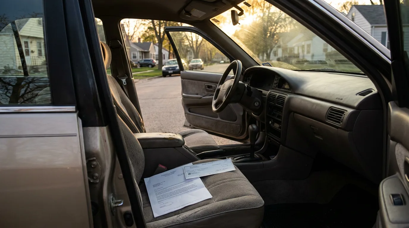 Madison Car Crash Settlement Documents on Vehicle Seat vehicle interior with legal documents and check resting on front passenger seat
