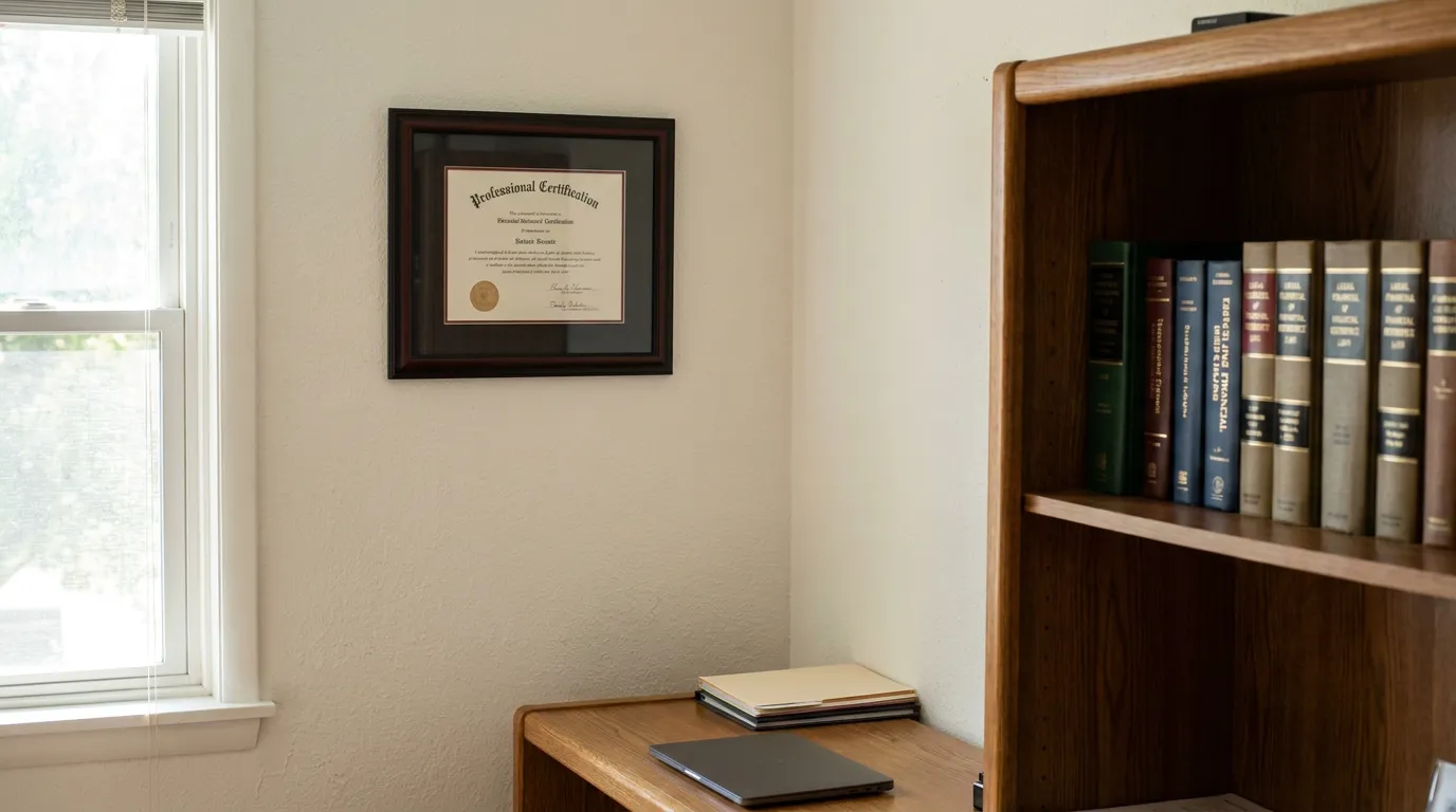 US Securities Law Office Certification and Legal Books framed Professional Certification credential displayed on wall beside legal reference bookshelf
