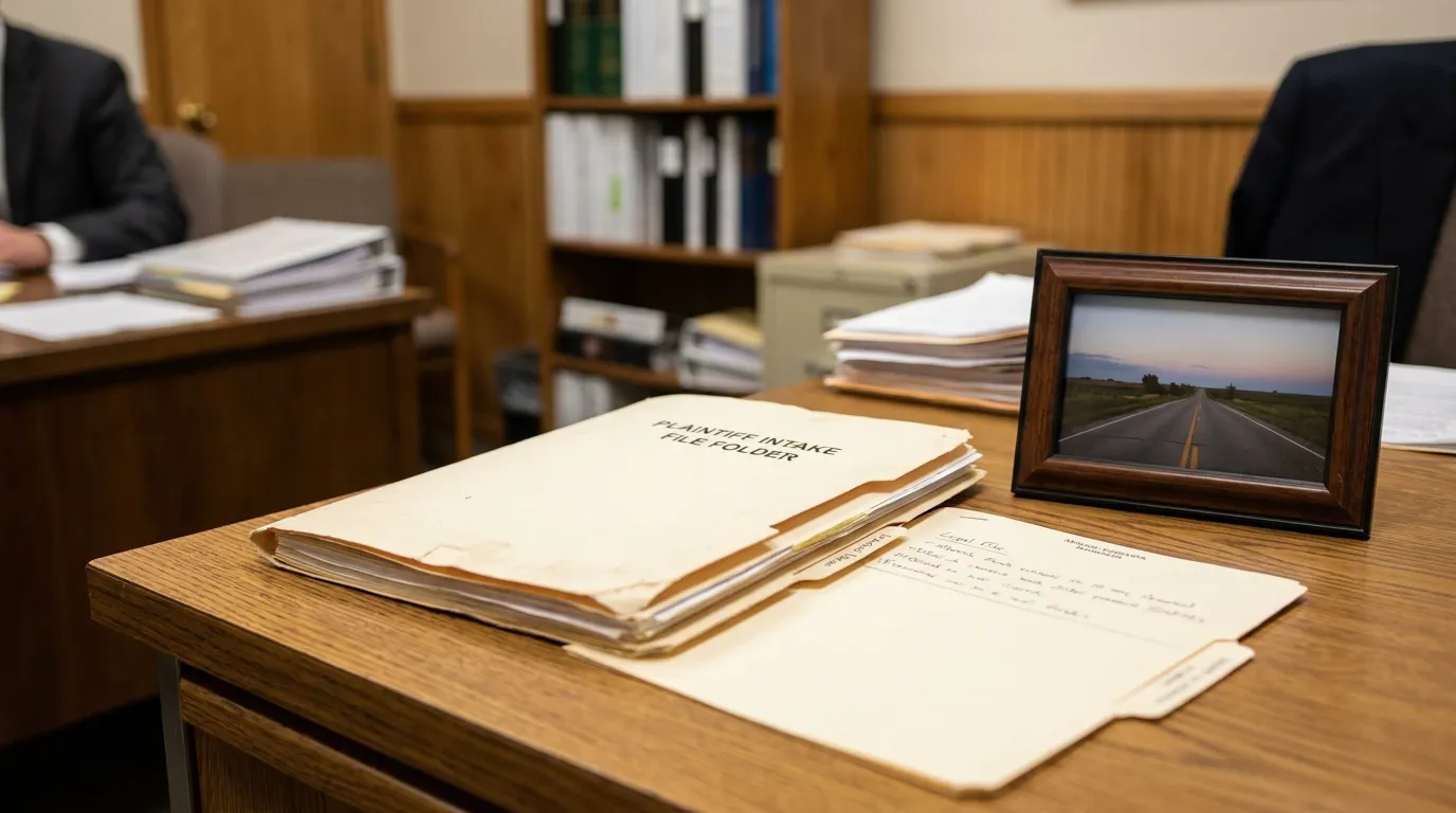 Nebraska Survival Action Attorney Plaintiff Intake File Folder Plaintiff intake file folder open on law office desk with case documents