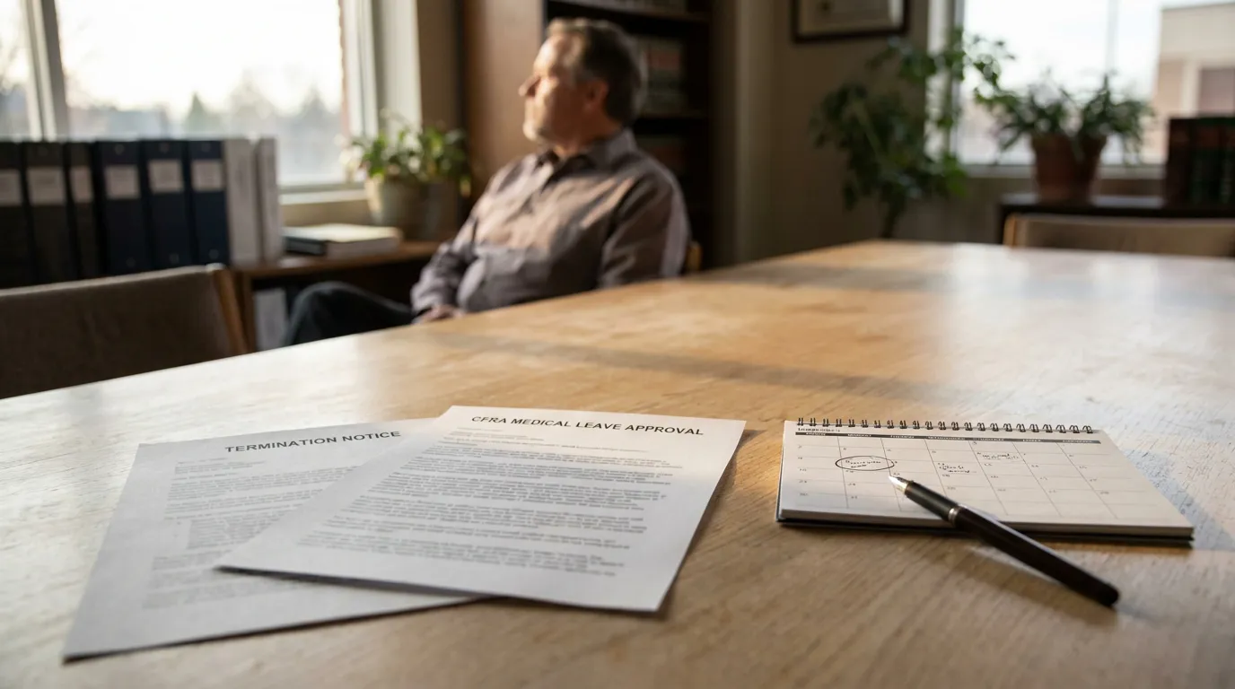 Redondo Beach Employee Termination Notice After CFRA Medical Leave Termination Notice and CFRA Medical Leave Approval documents on desk with man seated in background