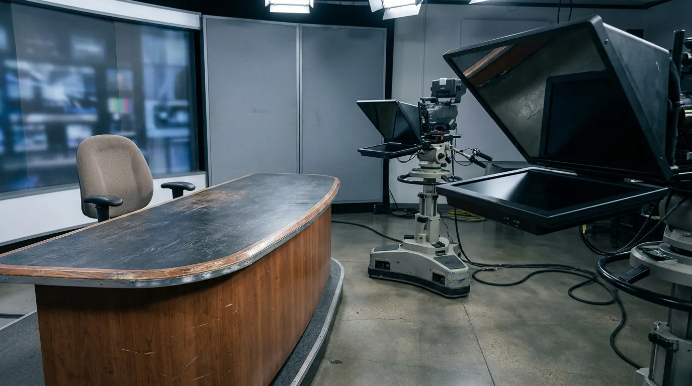 Empty News Studio Broadcast Desk Public Misstatement Securities Fraud empty television news studio with anchor desk, camera, and teleprompters