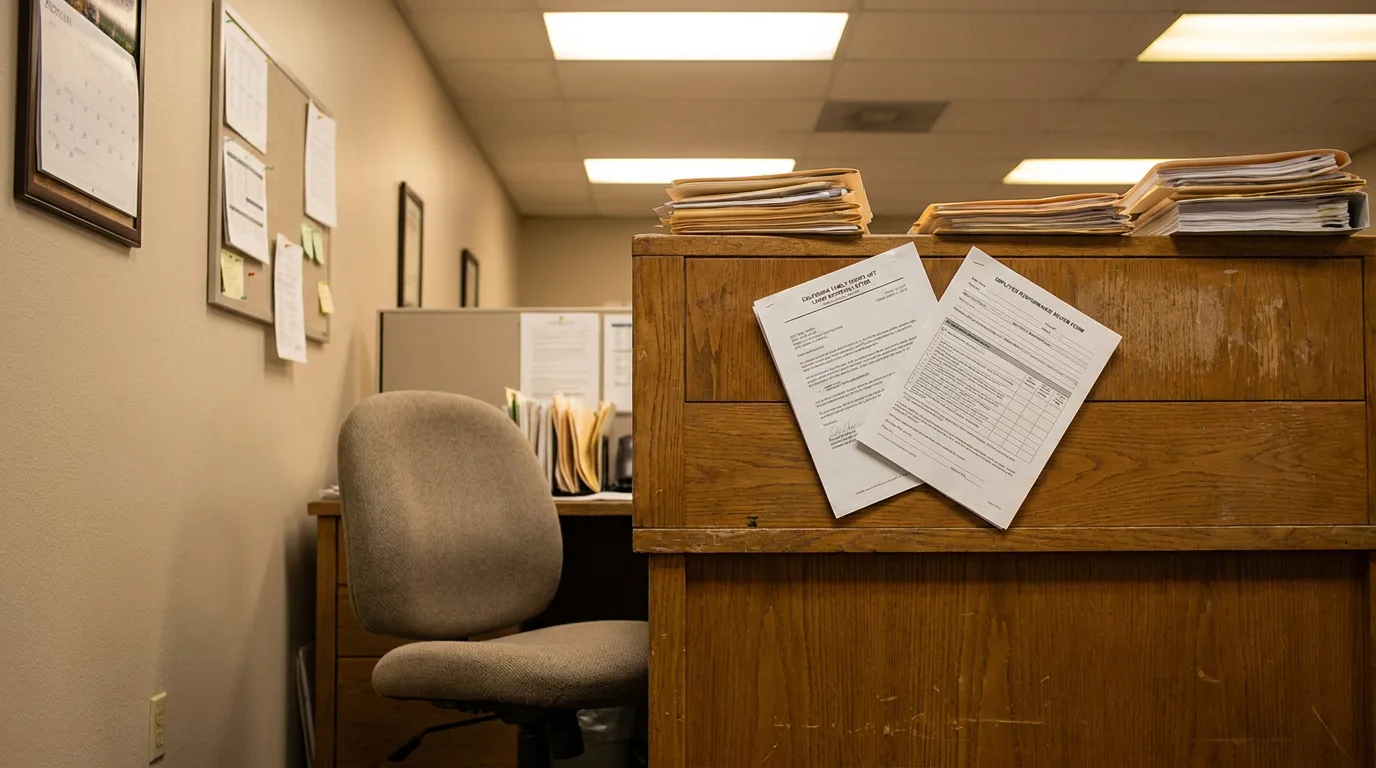CFRA Leave Retaliation Documents Redondo Beach Office California Labor Code Act letter and Employee Performance Review Form on wooden office desk