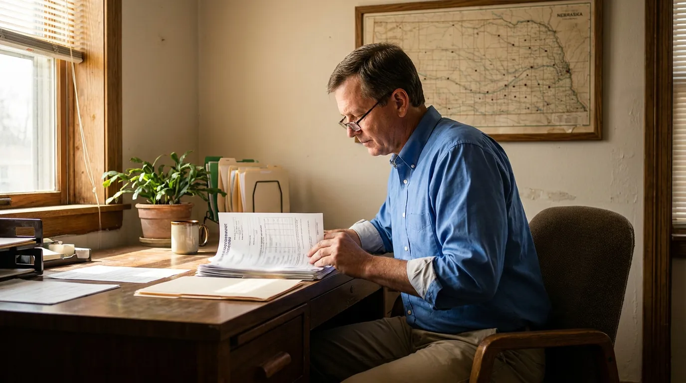 Nebraska Man Reviewing Med Pay Subrogation Demand Documents man wearing glasses reviewing legal documents at desk with Nebraska map on wall