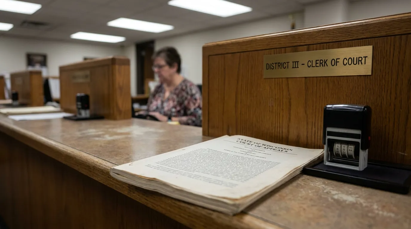 Wisconsin Court of Appeals Clerk Direct Action Filing Madison District III Clerk of Court counter with State of Wisconsin Court of Appeals document and date stamp