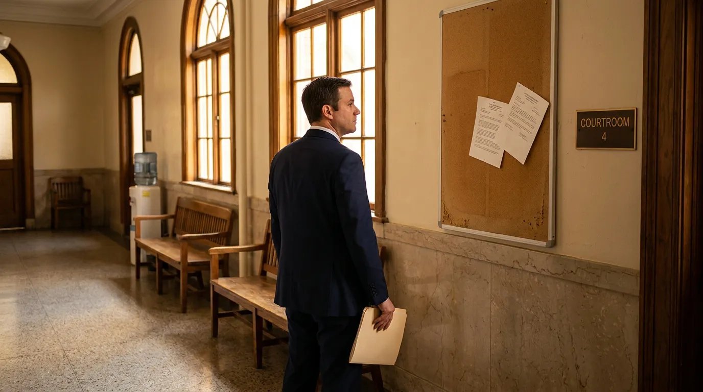 Madison WI Attorney Outside Courtroom Auto Insurance Trial suited attorney holding folder standing outside Courtroom 4 sign in courthouse hallway
