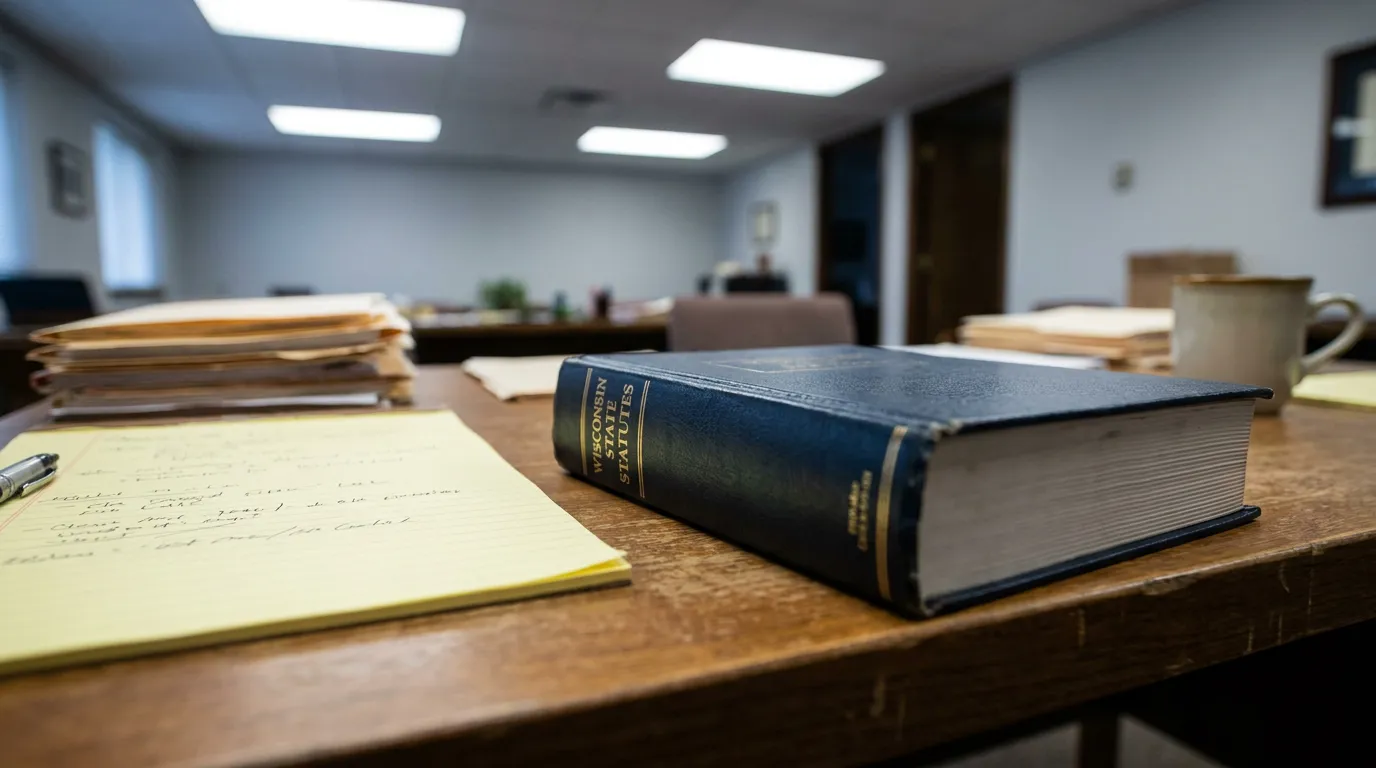 Wisconsin State Statutes Book Madison Therapist Abuse Law Office Wisconsin State Statutes book on wooden desk beside handwritten legal notes and case files