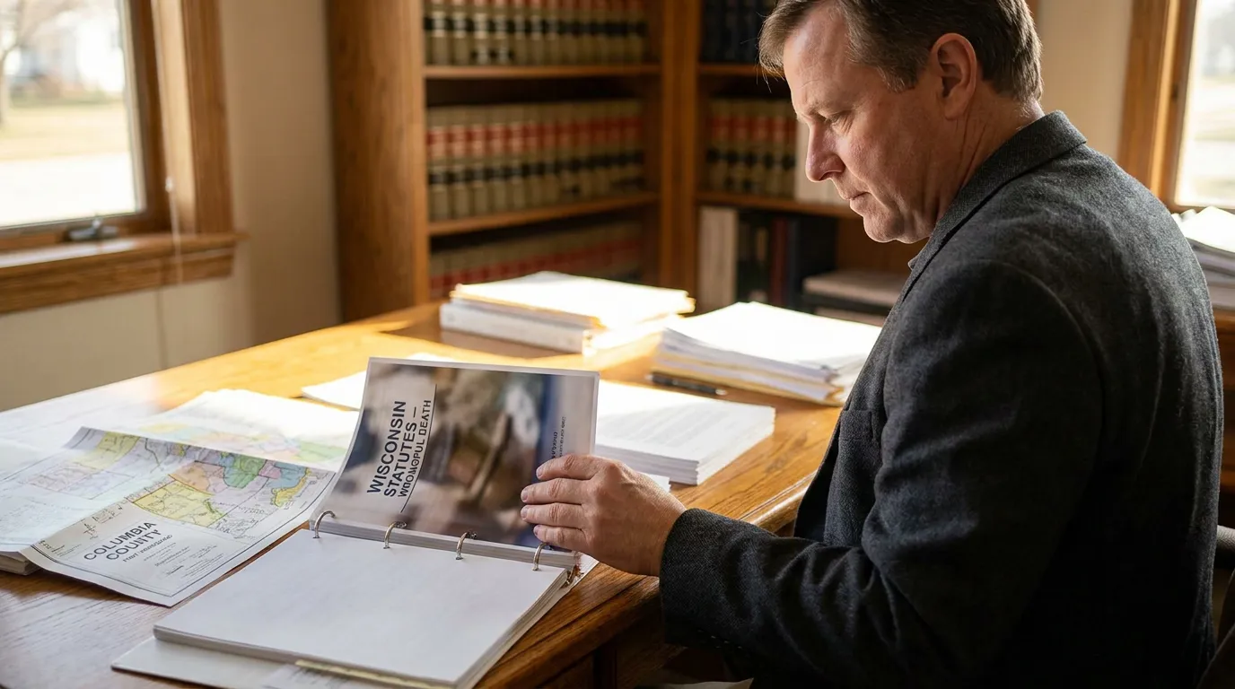 Madison Attorney Reviewing Wisconsin Wrongful Death Statutes Columbia County attorney reviewing Wisconsin Statutes Wrongful Death binder at law office desk