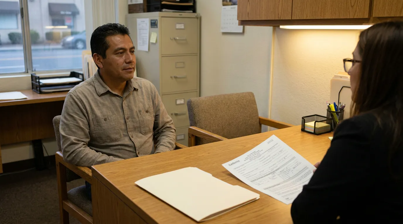 Uninsured Driver Consulting Attorney California Prop 213 Claim man seated across desk from professional reviewing California legal document