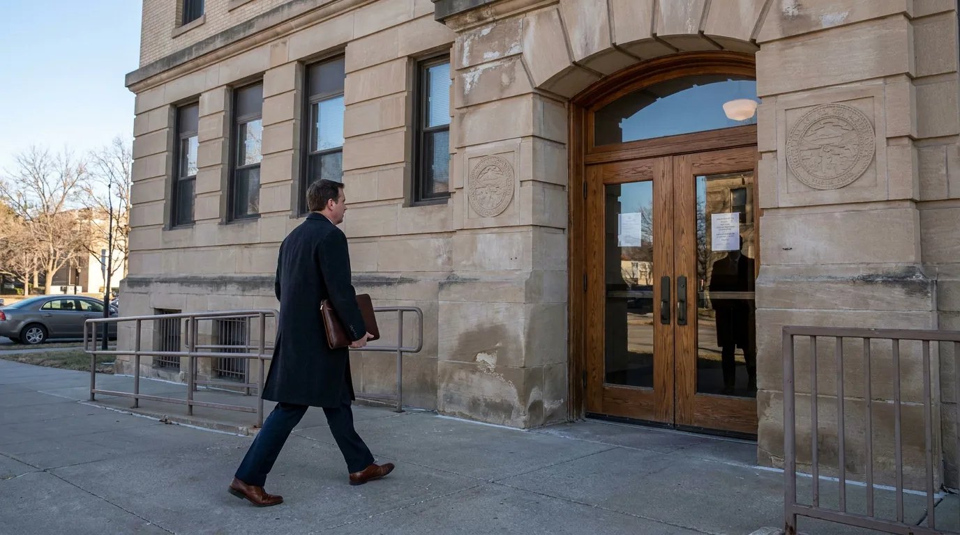 Attorney Entering Nebraska Courthouse for Med Pay Subrogation Case attorney carrying briefcase walking toward stone courthouse entrance with official seal