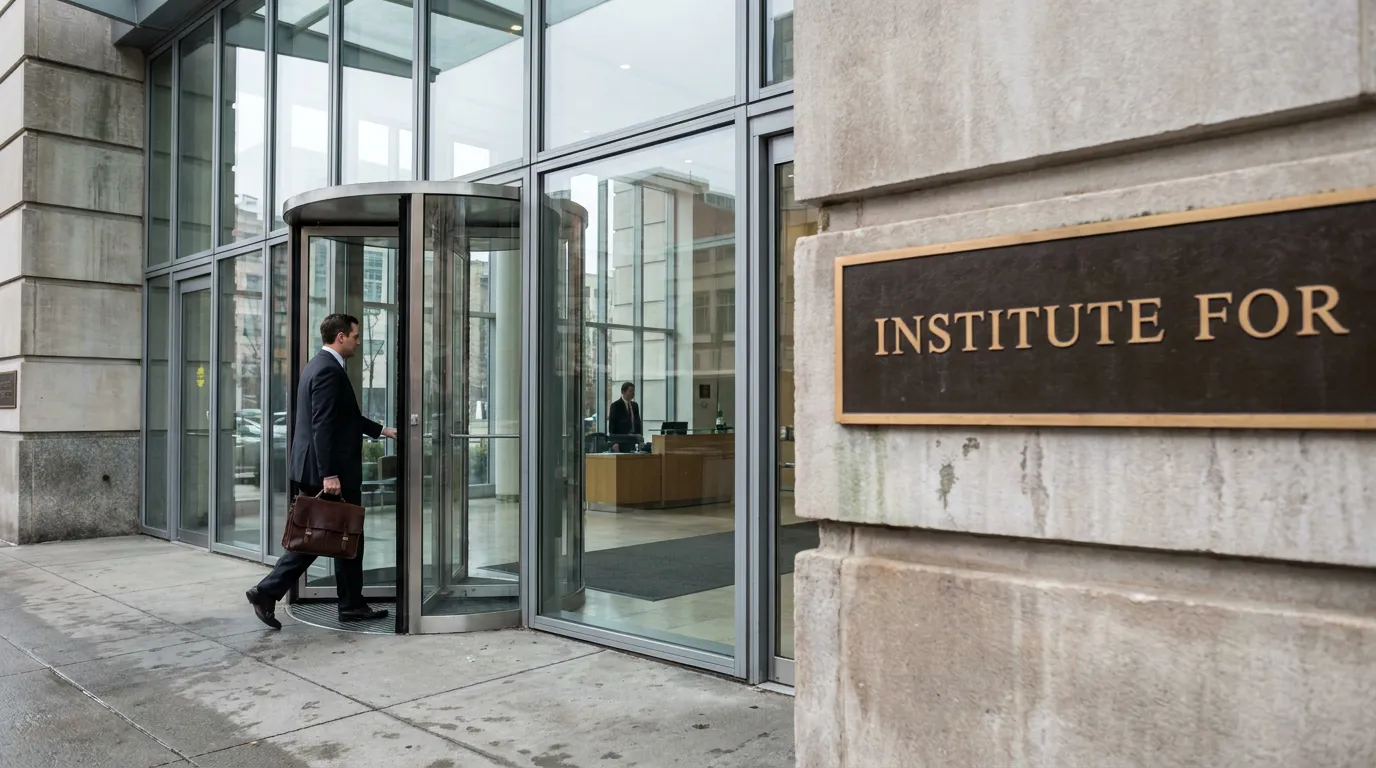 suited professional carrying briefcase entering revolving door beside Institute For building plaque