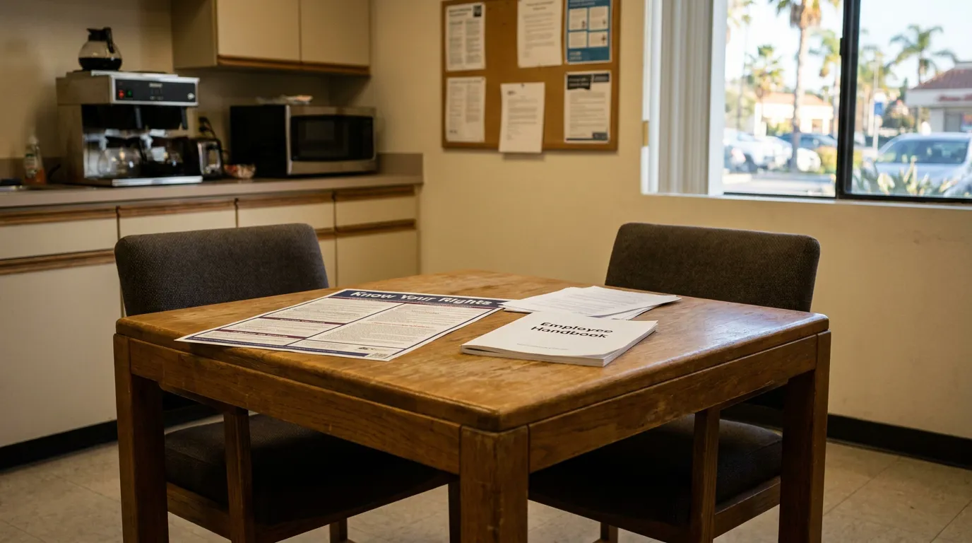 Redondo Beach Employee Rights Notice and Handbook on Break Room Table workplace break room table with Know Your Rights poster and Employee Handbook