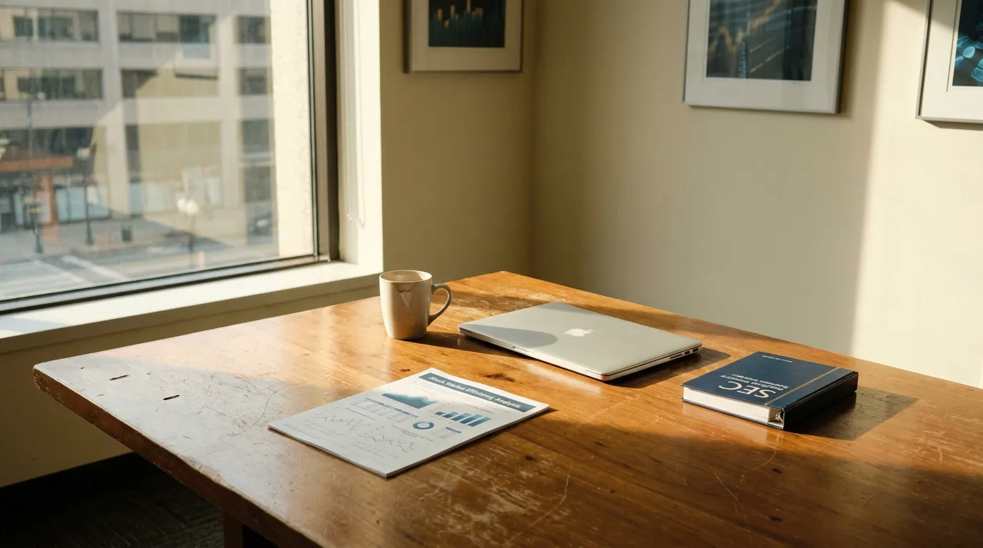 SEC Market Efficiency Analysis Desk USA Securities Law wooden desk with SEC binder, laptop, financial analysis report, and coffee mug