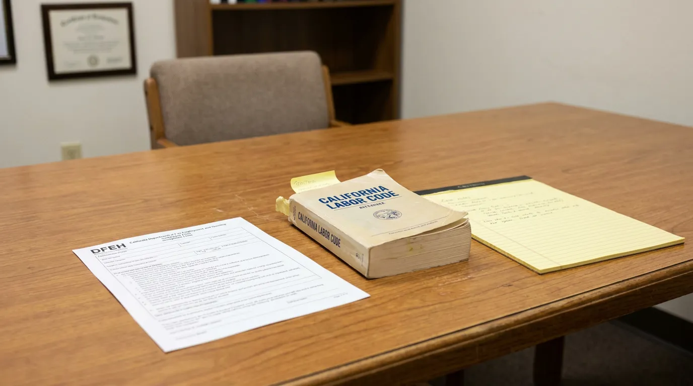 California Labor Code DFEH Form CFRA Retaliation Redondo Beach California Labor Code book, DFEH complaint form, and legal notepad on office desk