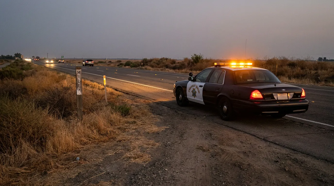 CHP Patrol Car Responding to Highway 99 Accident Fresno California Highway Patrol vehicle with activated lights parked on rural highway shoulder