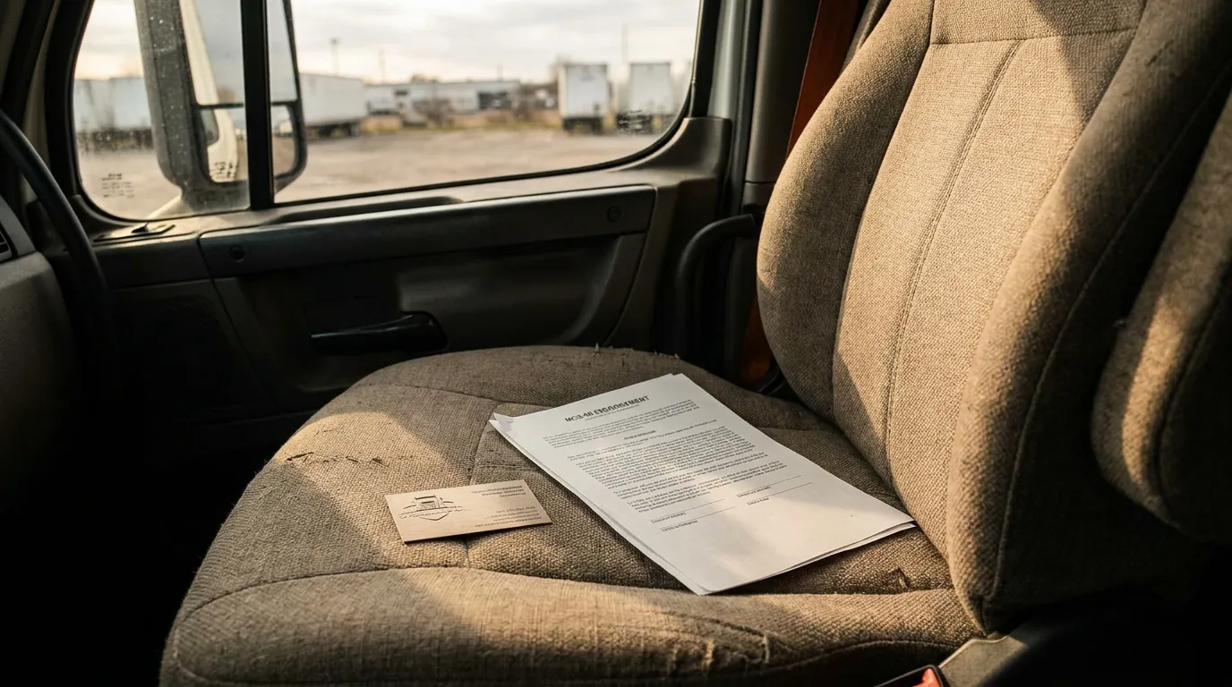MCS-90 Endorsement Document on Fresno Truck Seat MCS-90 endorsement document and business card resting on commercial truck cab seat