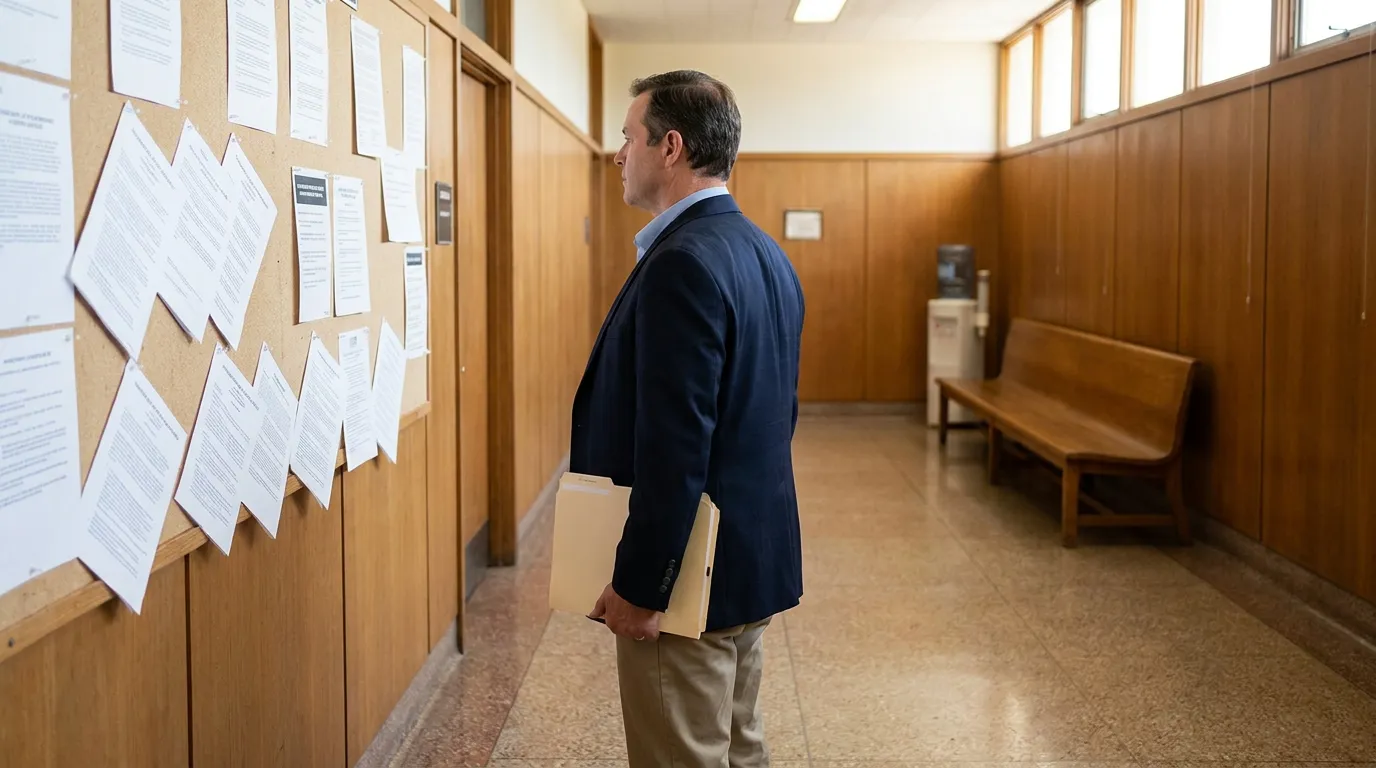 Redondo Beach Employment Attorney Reviewing CFRA Retaliation Case Documents attorney holding legal folders reviewing posted documents on courthouse bulletin board
