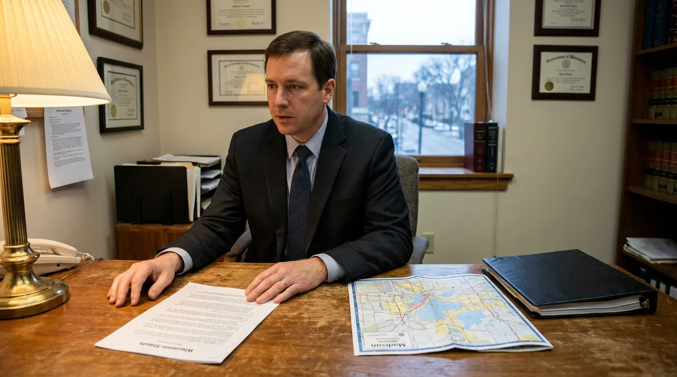 Madison Attorney Reviewing Wisconsin Statute Move Over Crash Case attorney seated at desk with Wisconsin Statute document and Madison city map