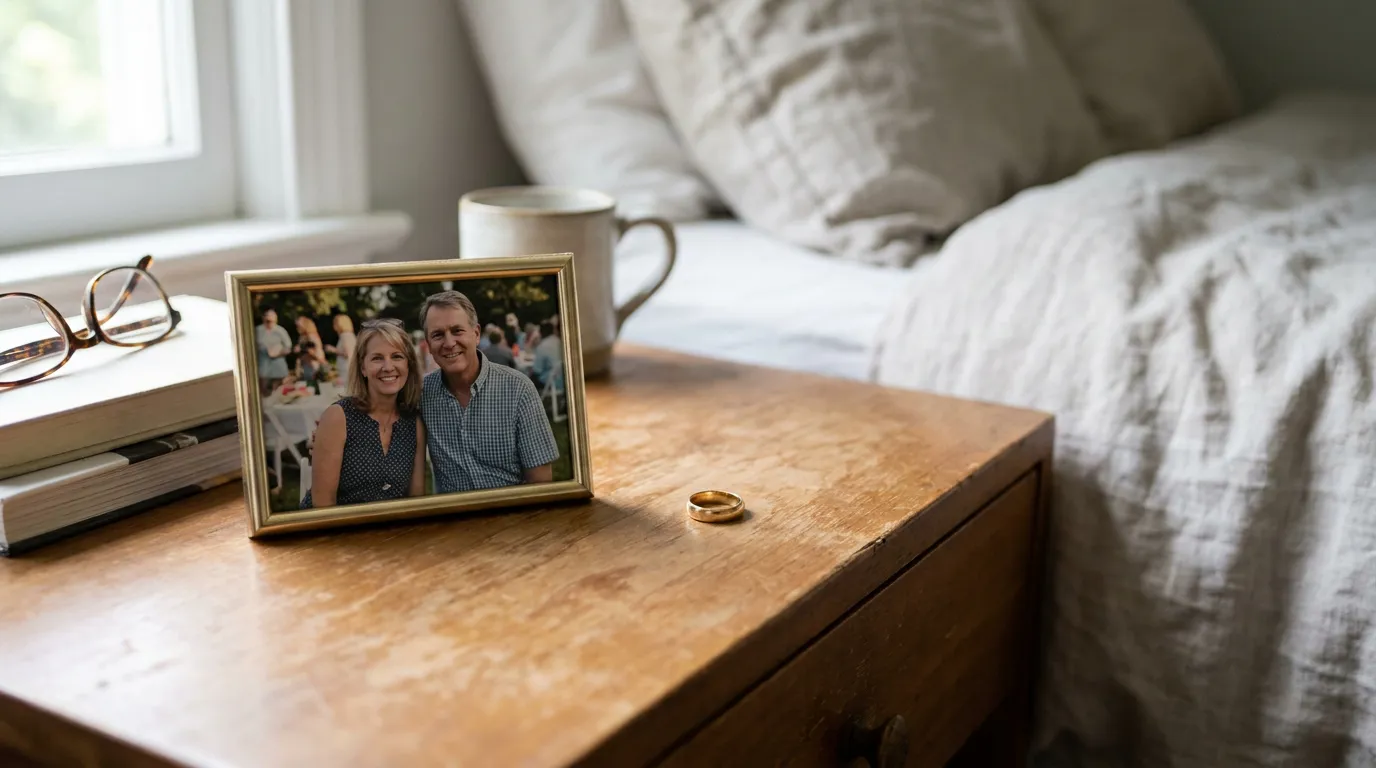 Texas Common Law Marriage Couple Photo and Wedding Ring framed couple photo and wedding band resting on bedroom nightstand beside bed
