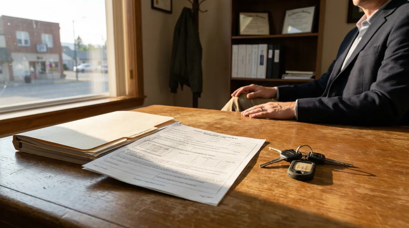 MCS-90 Endorsement Documents Missoula Truck Attorney Office legal form and car keys on desk with attorney seated across