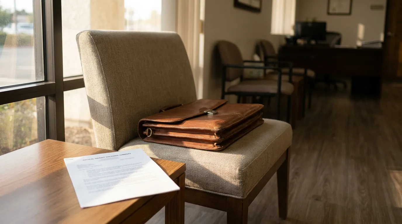 Redondo Beach Employment Attorney Office Briefcase Legal Documents leather briefcase on chair beside physical therapy discharge summary document