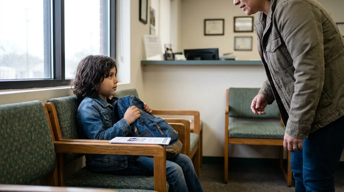Immigrant Child With Guardian at Texas Family Court child holding backpack seated in office waiting room with adult standing nearby