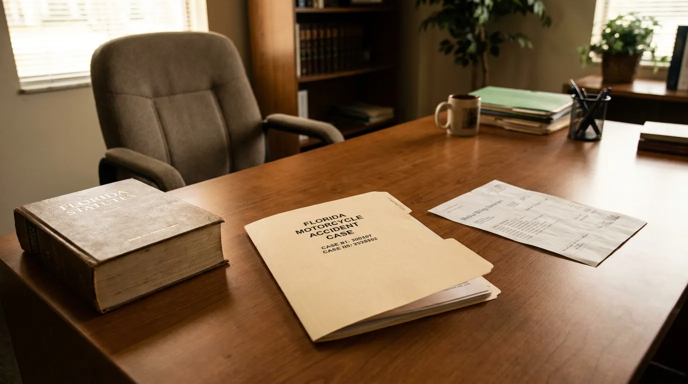 Florida Motorcycle Accident Case folder and Florida Statutes book on attorney desk