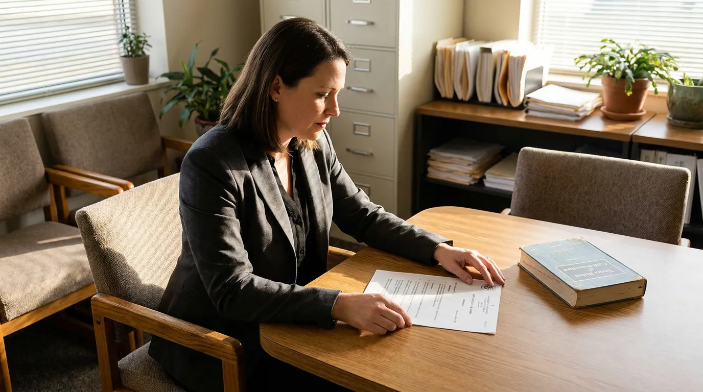 Texas Attorney Reviewing DWOP Divorce Dismissal Document female attorney reviewing legal document beside Civil Procedure book at office table