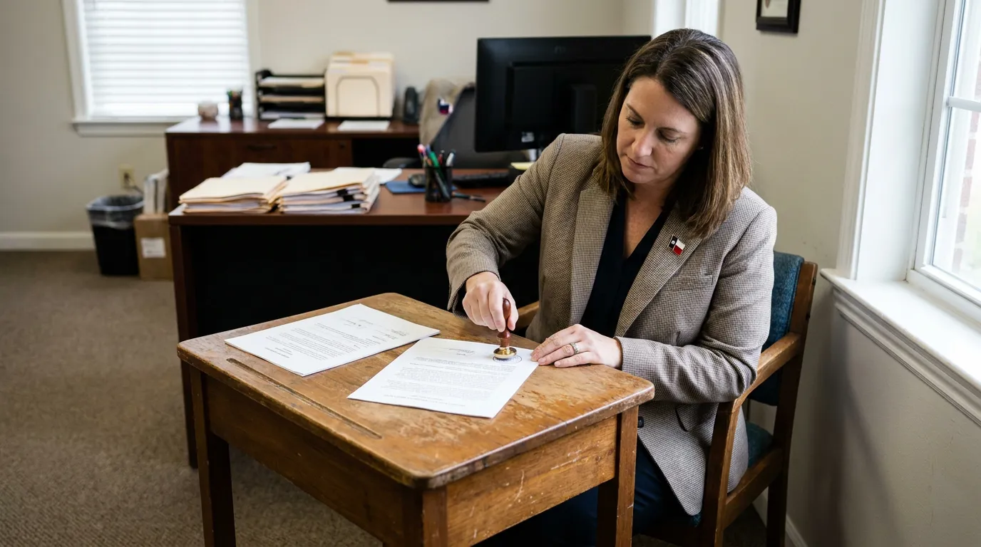 Texas Attorney Notarizing Community Property Partition Agreement female attorney stamping legal document at wooden desk in law office