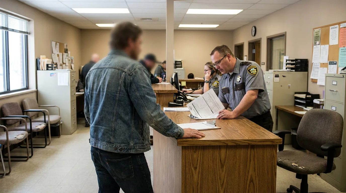 uniformed sheriff's deputy reviewing documents with civilian at law enforcement front desk