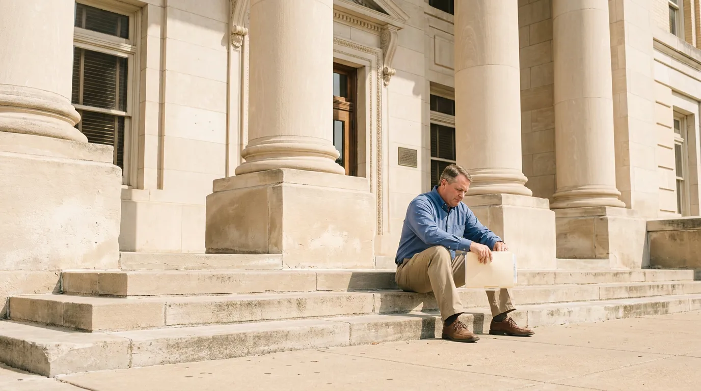 Man Reviewing Retroactive Child Support Documents Outside Texas Courthouse man sitting on courthouse steps holding legal documents looking downward