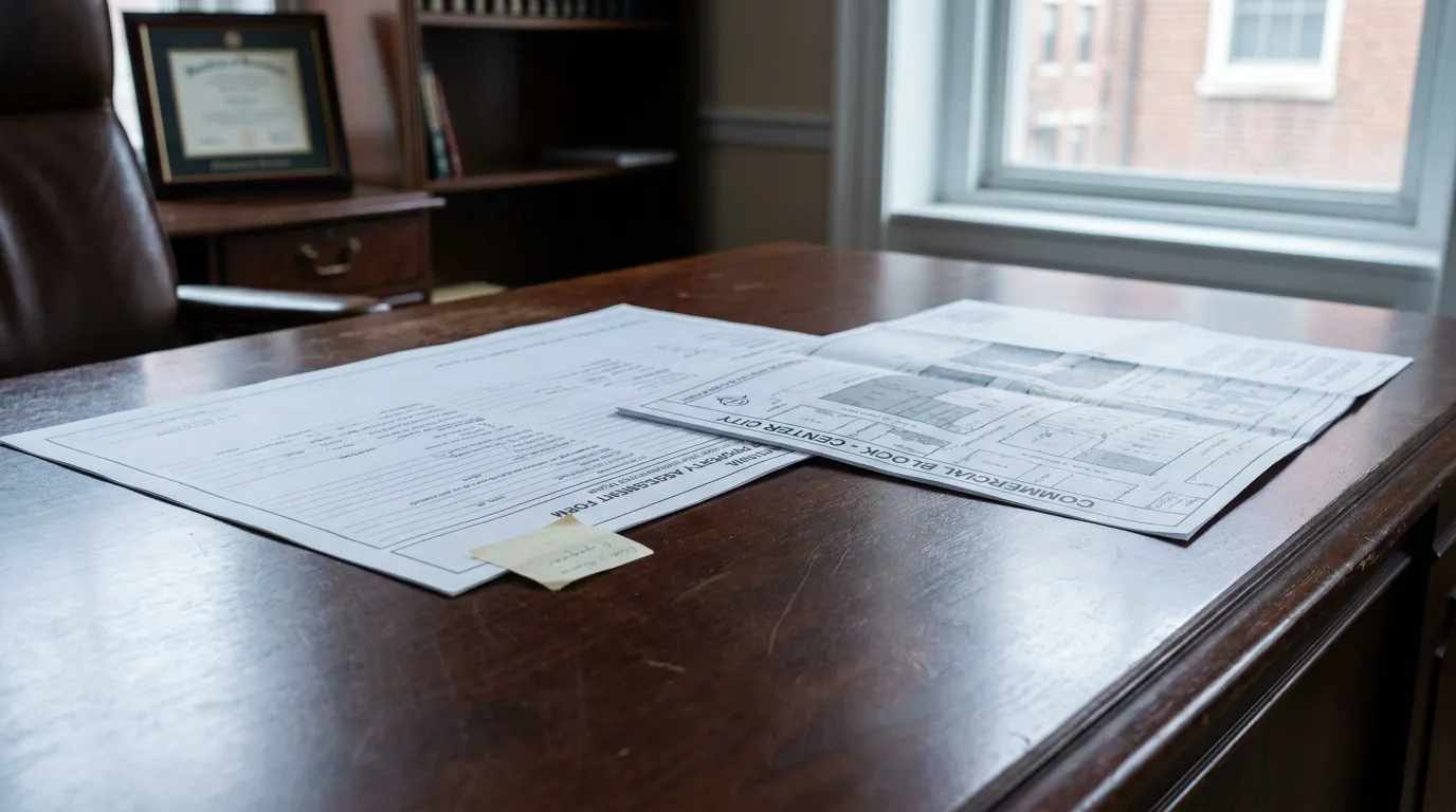 Commercial Block Center City Property Assessment Form open on law office desk