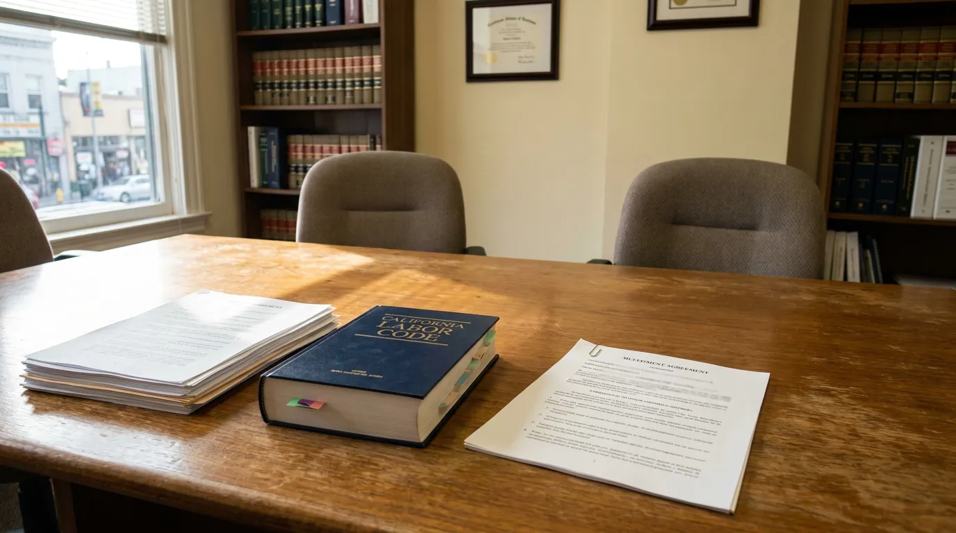 California Labor Code book and settlement agreement document on law office conference table