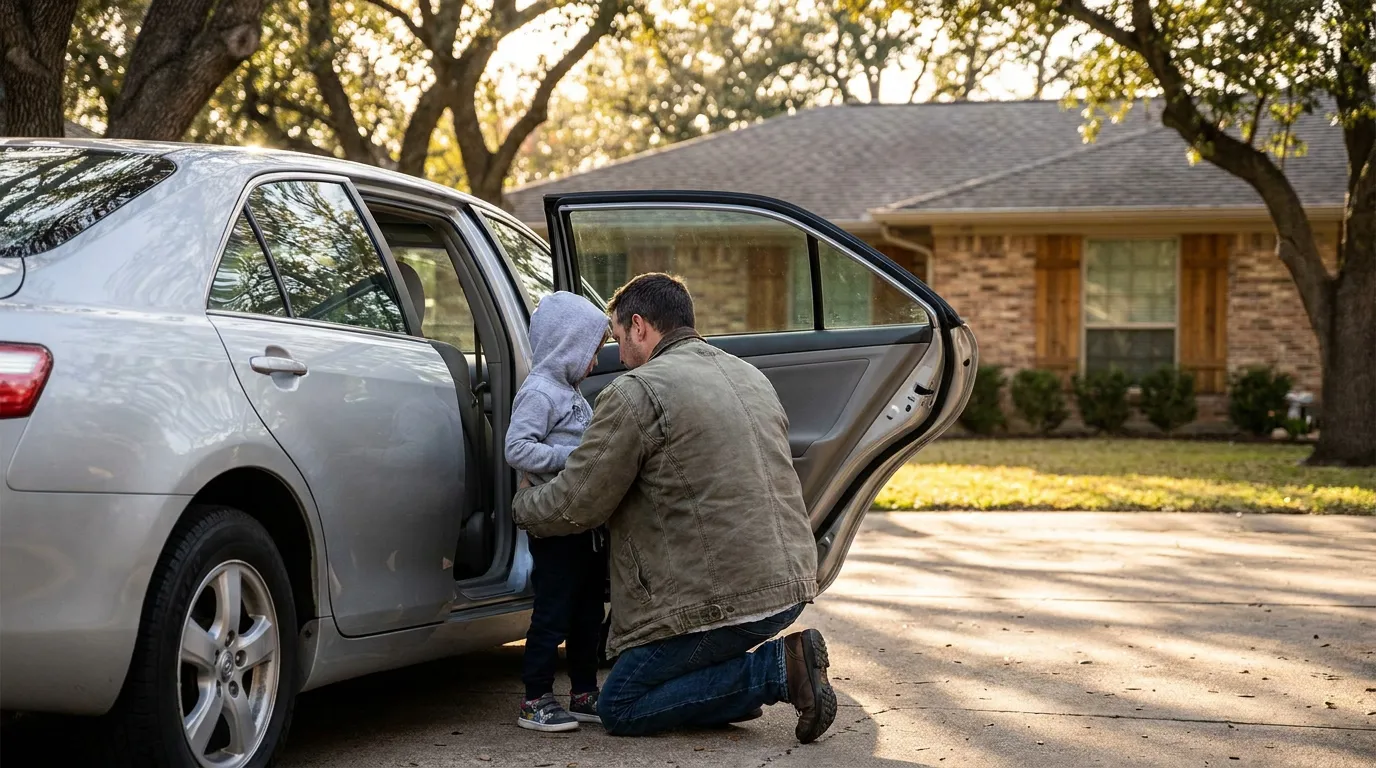 Father and Child During Texas Custody Exchange at Home adult kneeling beside child at open car door in residential driveway