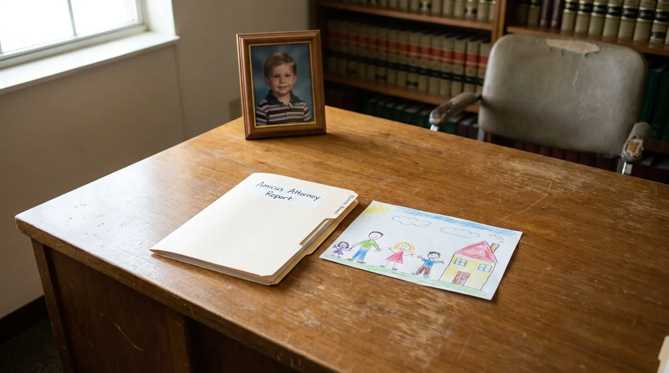 Texas Amicus Attorney Report Child Custody Case Amicus Attorney Report folder and child's family drawing on law office desk
