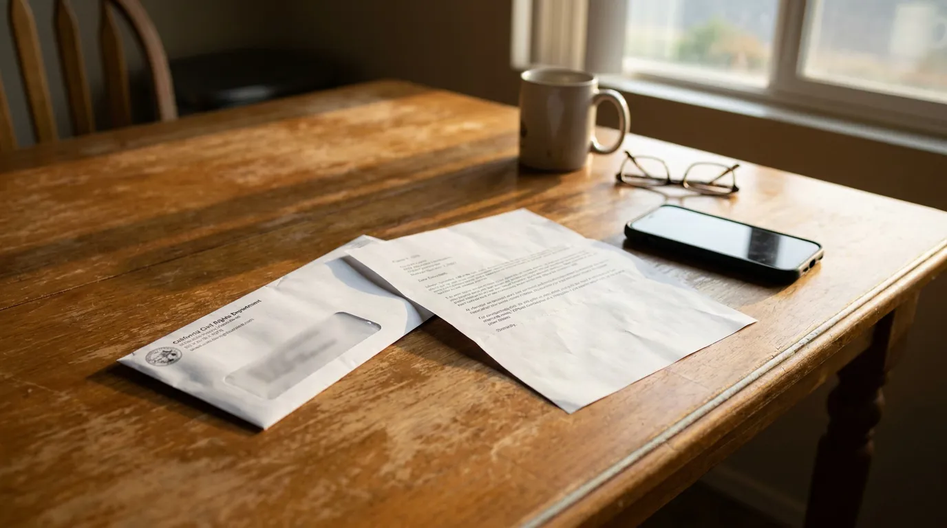 California CRD Right To Sue Letter On Table California Civil Rights Department envelope and formal letter on wooden table