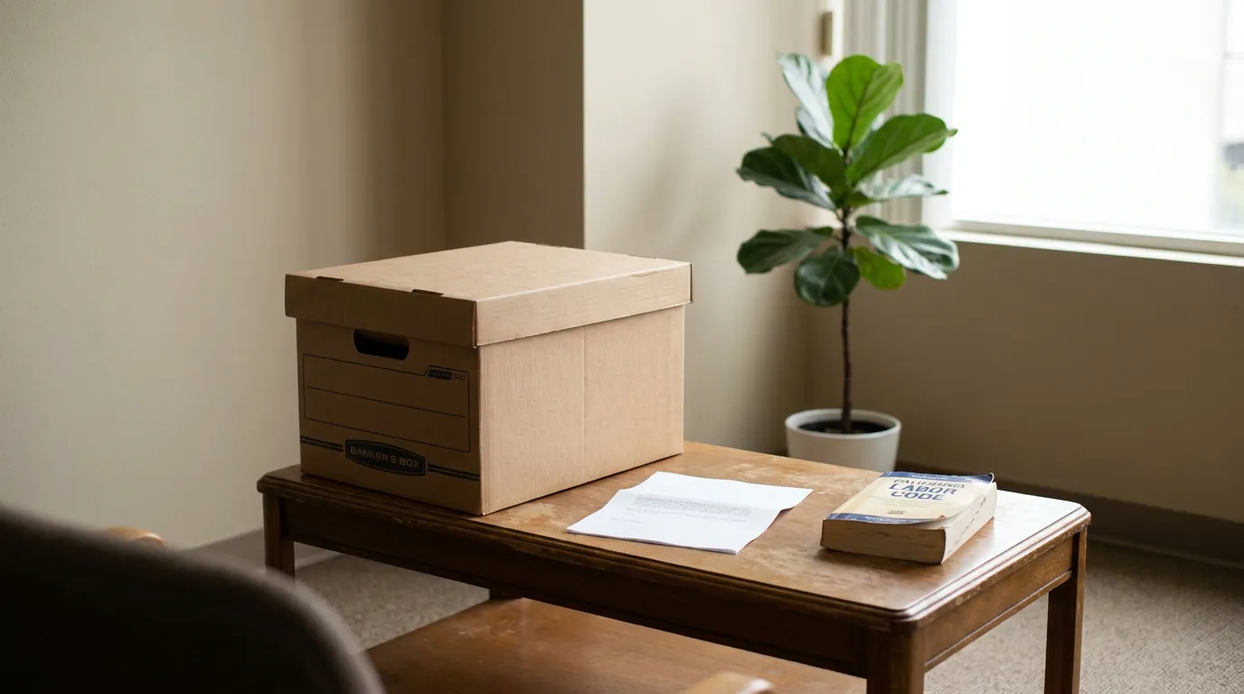 California Employee Forced Resignation Desk With Packed Box Banker's Box and California Labor Code book on wooden desk with documents