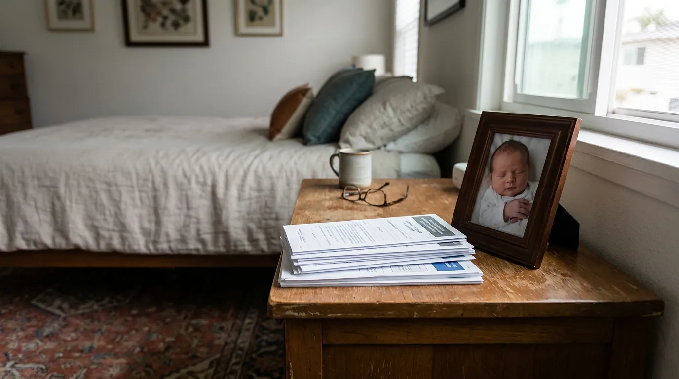 Redondo Beach Reproductive Loss Leave Documents Baby Photo stack of legal documents beside framed newborn photo on wooden bedside table