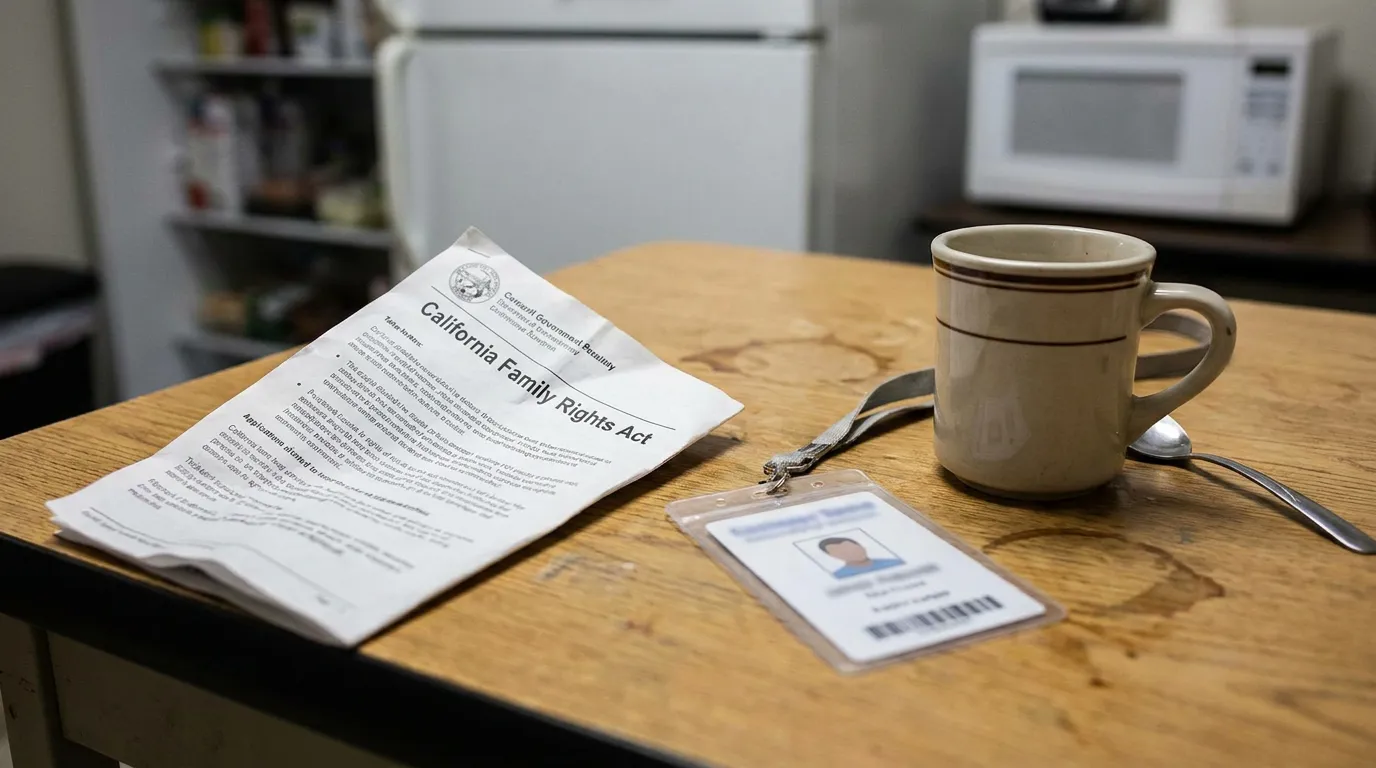 California Family Rights Act Document and Employee ID Badge California Family Rights Act document beside employee ID badge on workplace table